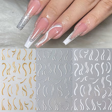 Load image into Gallery viewer, French Shining Line Nail Art Stickers 3D Glitter Wavy Stripe Nail Decals Metal Curve Stripe Lines Nail Art Supplies French Nail Tips For DIY Manicure Decoration, 3 Sheets/Pack