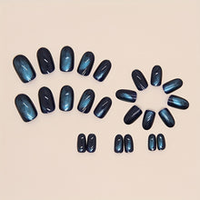 Load image into Gallery viewer, Cat Eye Press On Nails Medium Fake Nails Laser Blue Full Cover Acrylic Nails Almond False Nails Cat Eye Effect Colorful Glue On Nails Glossy Stick On Nails For Women Nail Manicure Tip 24 Pcs