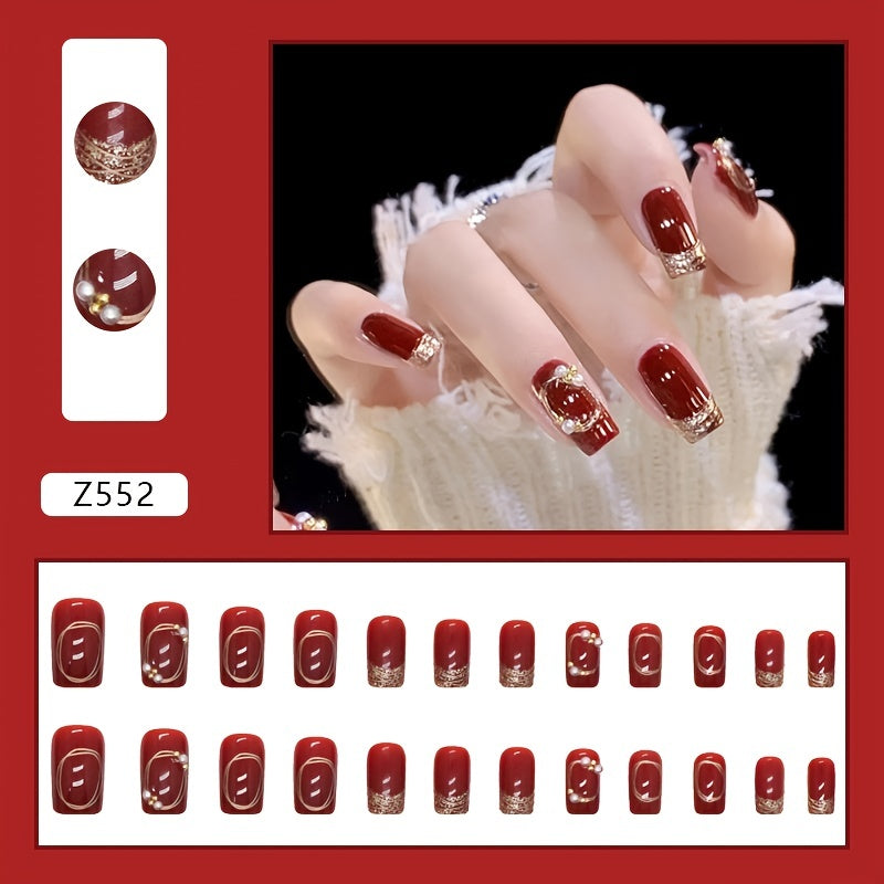 Press On Nails, Short Acrylic Nails, Press On False Nails With Glue For Women, French Glossy Wine Red Fake Nail With Golden Stripes Design, Fake Nails For Women