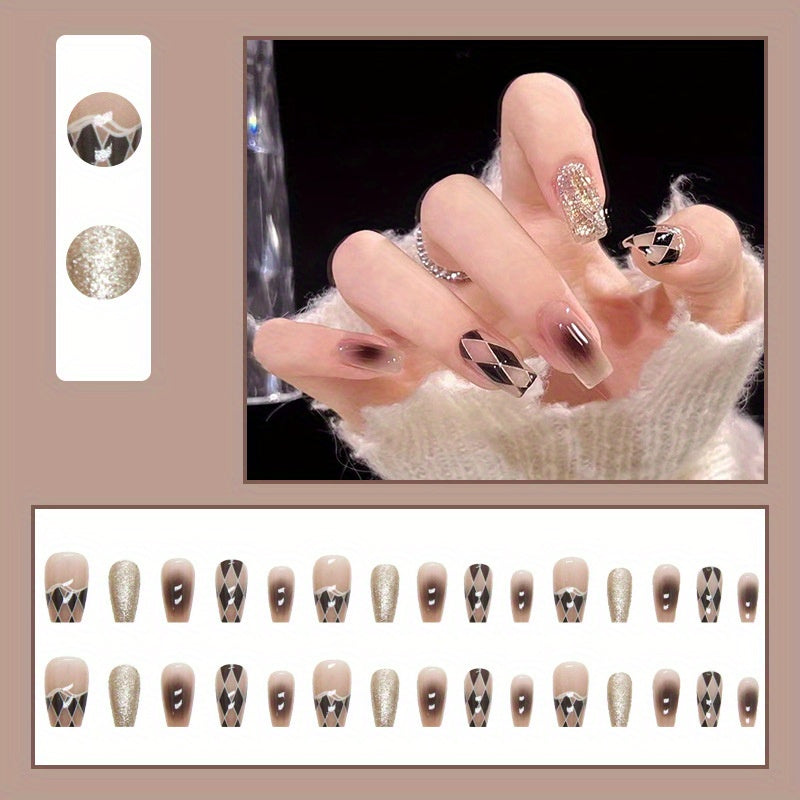 24pcs Black White Rhombus Press On Nails Medium, Brown Gradient Fake Nails With Golden Glitter Design, Glossy Full Cover Coffin Square False Nails For Women And Girls