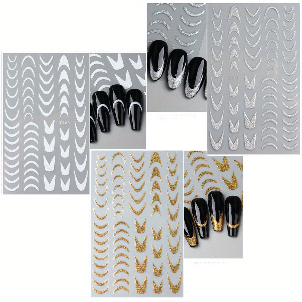 French Shining Line Nail Art Stickers 3D Glitter Wavy Stripe Nail Decals Metal Curve Stripe Lines Nail Art Supplies French Nail Tips For DIY Manicure Decoration, 3 Sheets/Pack