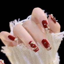 Load image into Gallery viewer, Press On Nails, Short Acrylic Nails, Press On False Nails With Glue For Women, French Glossy Wine Red Fake Nail With Golden Stripes Design, Fake Nails For Women