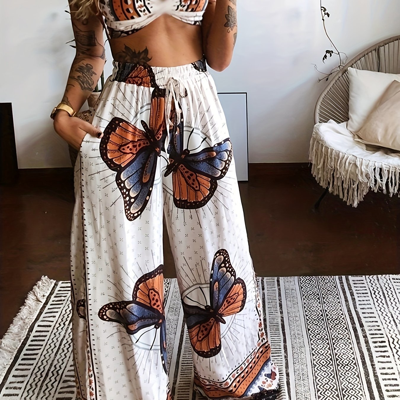 Chic & Sexy Butterfly Print Co-ord Set - Spring/Summer Stretch Knit Two-Piece Top & Pants Suit, Easy-Care