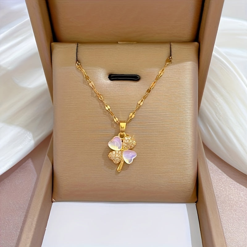 Glamorous Shiny Zircon Heart Opal Pendant Necklace - Delicate Flower Accent, Romantic Holiday Style - A Chic Gift for Girls and Women