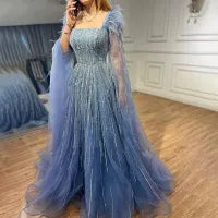 Serene Hill Luxury Dubai A Line Blue Cape Sleeves Feathers Beaded Evening Dresses Gowns For Women Party