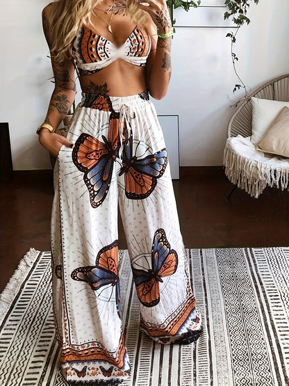 Chic & Sexy Butterfly Print Co-ord Set - Spring/Summer Stretch Knit Two-Piece Top & Pants Suit, Easy-Care