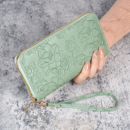 Floral Embossed Faux Leather Wallet For Women, Large Capacity Zippered Clutch With Card Slots And Phone Pocket, Wrist Strap Clutch Coin Purse