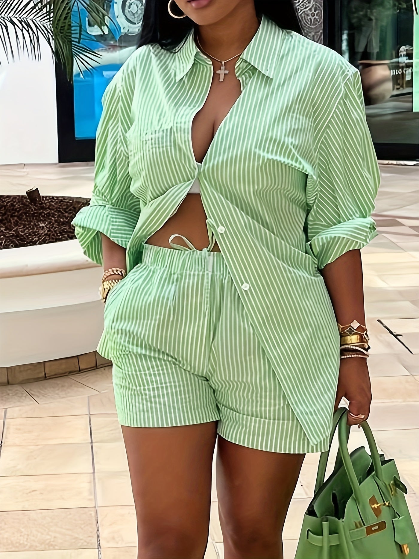 Elegant Casual Striped Two-Piece Set for Women - Machine-Washable Long Sleeve Shirt with Drawstring Shorts, Perfect for Spring/Summer