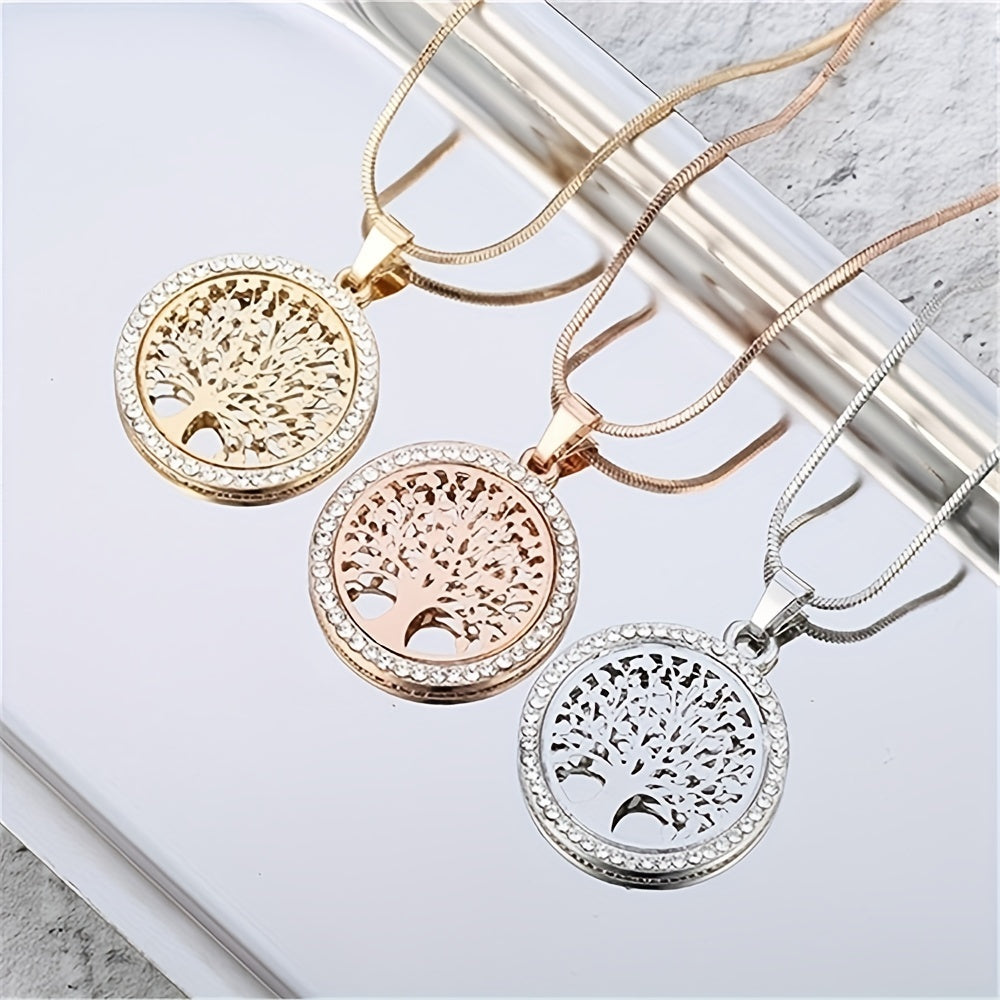 Round Hollow Rhinestone Necklace Pendant Set Chain Tree Of Life Necklace For Women