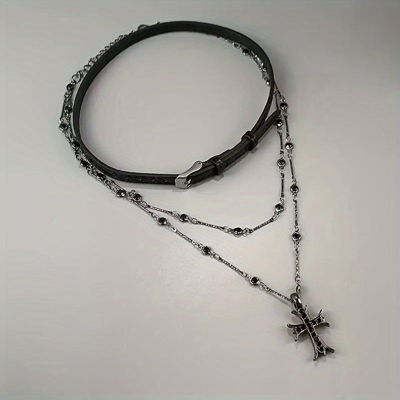 Black Cross Women's Long Layered Necklace Women's High Grade Collarbone Chain Spicy Girl Sweet Cool Neckchain