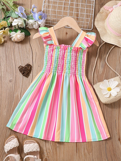 Girls Color Block Striped Sleeveless Ruffles Ruched Dress Kids Summer Clothes