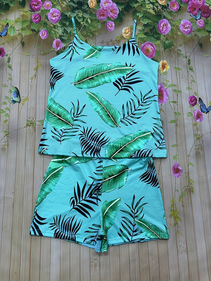 Tropical Oasis Shorts Set - Stylish V-neck Cami Top with Relaxed Fit, High Waist Shorts with Flattering Silhouette, Perfect for Summer Vacations and Outdoor Activities - Designed Exclusively for Women, Ideal for Warm Weather and Beach Getaways