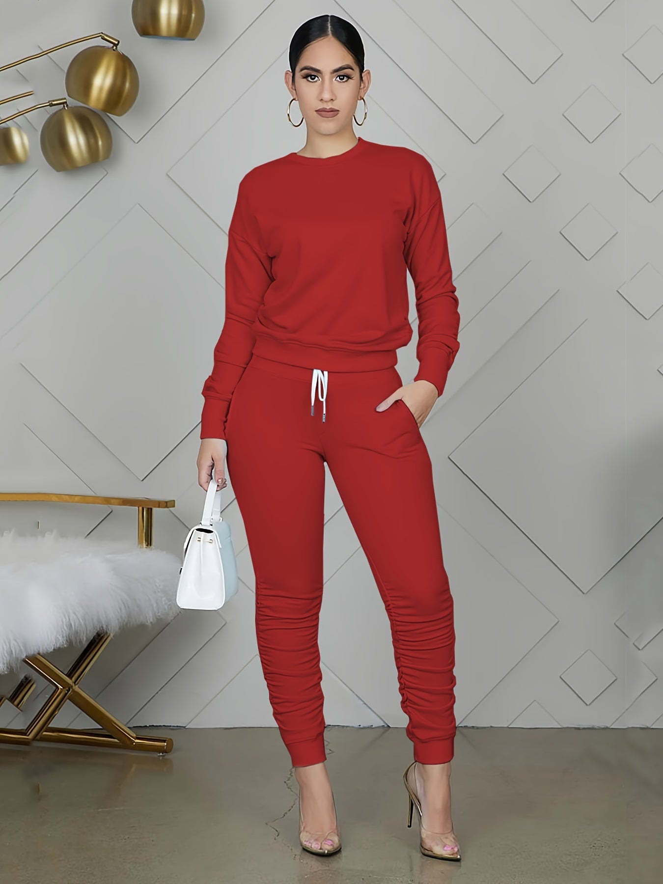 Womens Chic Leisure Two-piece Set - Comfy Long Sleeve Top & Stylish Pocketed Trousers - Versatile for Workouts or Casual Wear