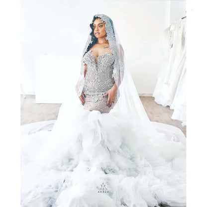 Plus Arabic Aso Ebi Size Luxurious Mermaid Wedding Dress Beaded Crystals Tulle Detachable Train Tiers Bridal Gowns Dresses ZJ es