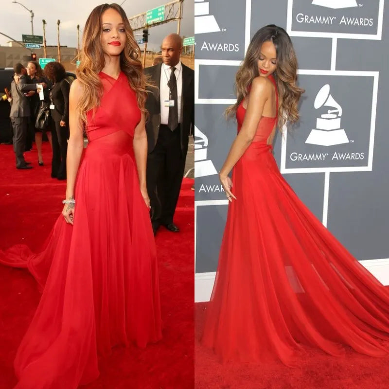 Oscar Sexy Celebrity Red Carpet Dresses Crew Neckline A Line Chiffon Prom Dresses Evening Gowns Cheap Long Graduation Dresses Sexy