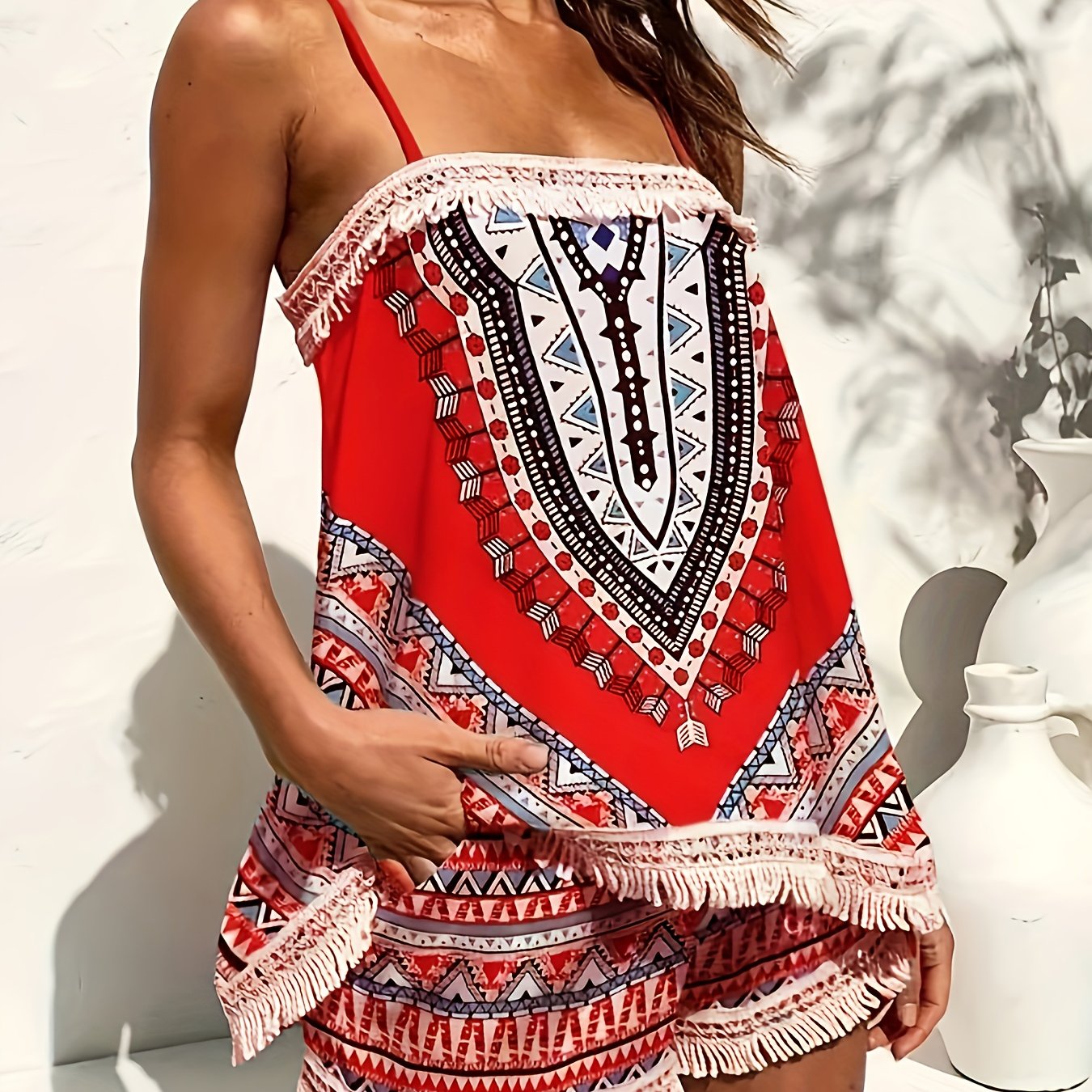 Boho Chic Tribal Print Summer Shorts Outfit - Lightweight & Comfortable Sleeveless Spaghetti Strap Top with Tassel Hem & Loose Shorts Set, Perfect for Vacation Wear