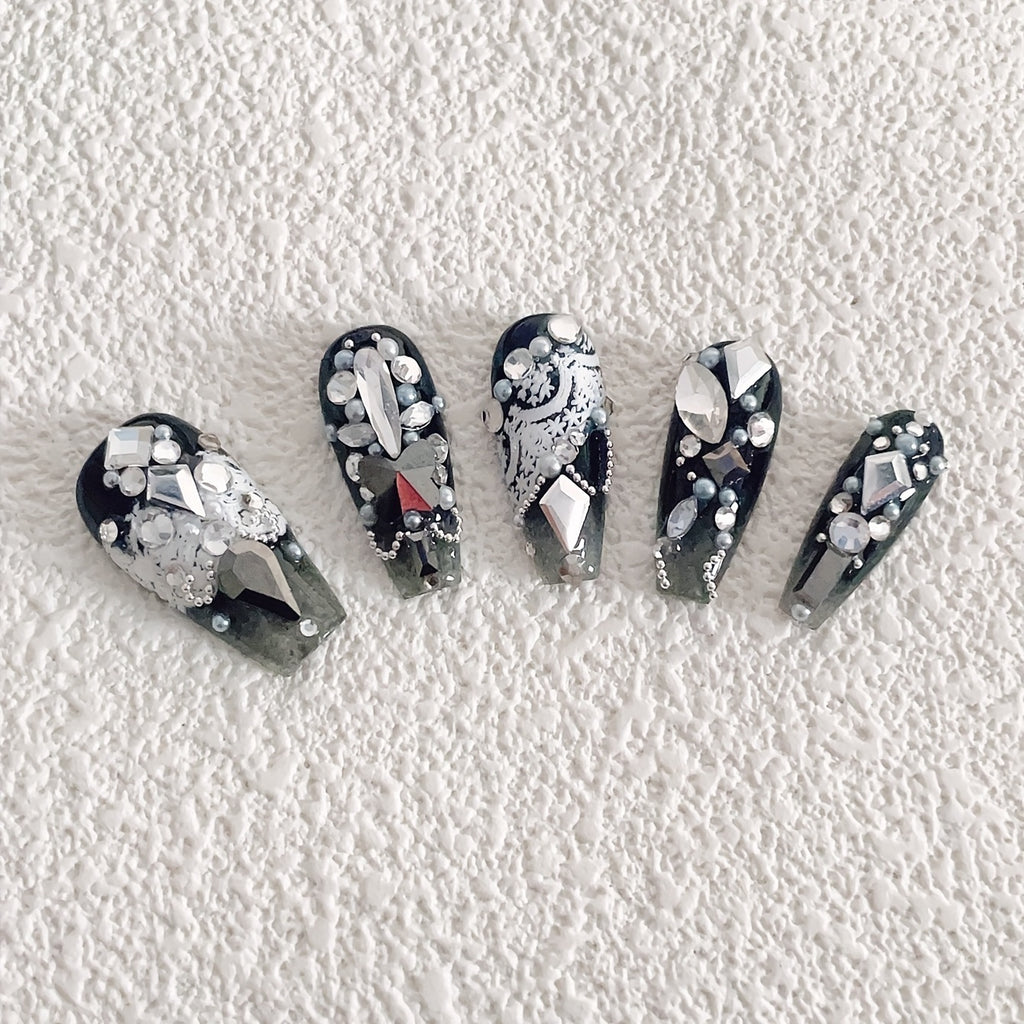 1box 12 Grids Nail Art Rhinestone, Flat Bottom Shaped Silver Crystal Glass, Self-Adhesive Nail Decoration Manicure For Women Girls Nail Art DIY