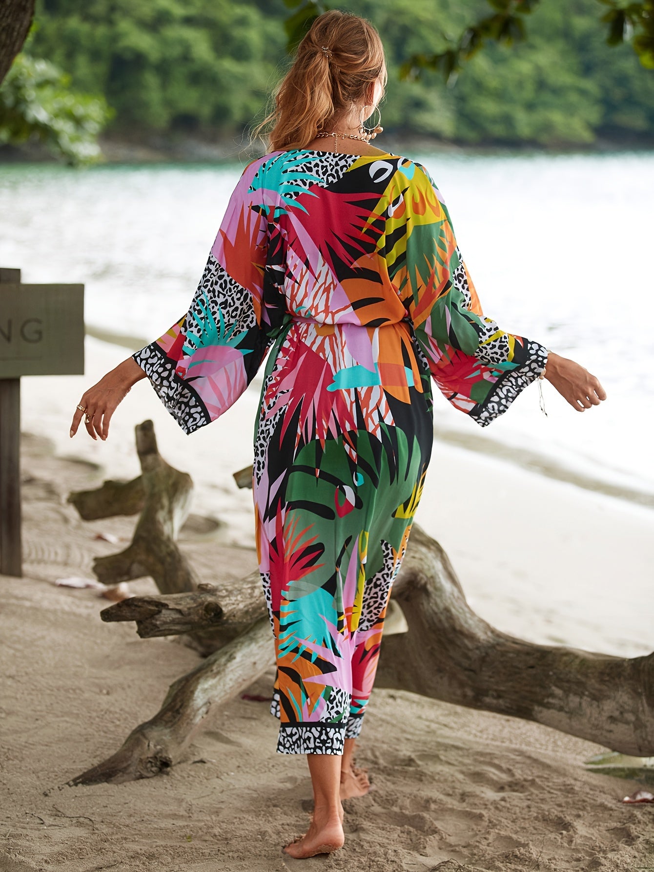 Plus Size Plant Print Open Front Kimono, Casual Long Sleeve Belted Kimono For Spring & Fall, Women's Plus Size Clothing