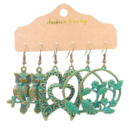 Combination of 3-piece set leaves heart-shaped fashion retro gold earrings.