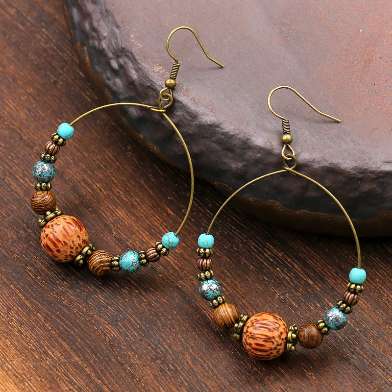 Bohemian large circle earrings with wooden bead shell