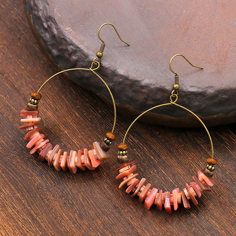 Bohemian large circle earrings with wooden bead shell