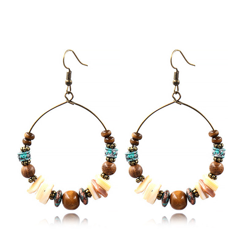 Bohemian large circle earrings with wooden bead shell