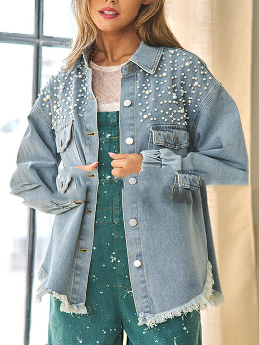 High-Low Long Sleeves Fringed Split-Joint Lapel Denim Jackets