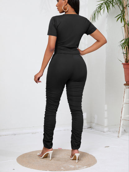 Women's 2 Piece Outfits Summer Short Top Stacked Pants Bodycon Workout Sets Jogging Suit Tight Short Sleeve Tops Set of Two Sexy Short Tops