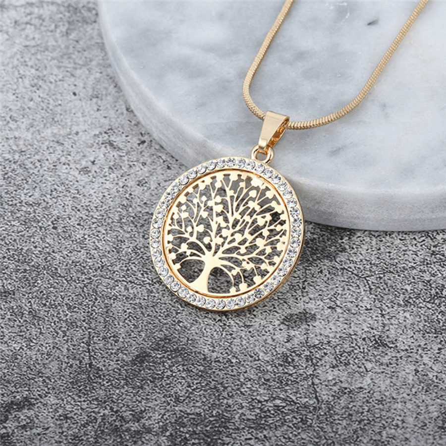 Round Hollow Rhinestone Necklace Pendant Set Chain Tree Of Life Necklace For Women