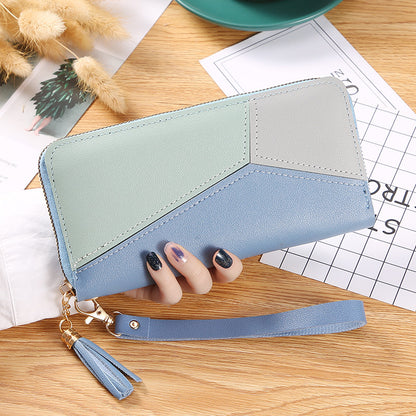 Contrast Color Long Wallet, PU Leather Textured Portable Clutch Bag, Fashion Zipper Women's Purse