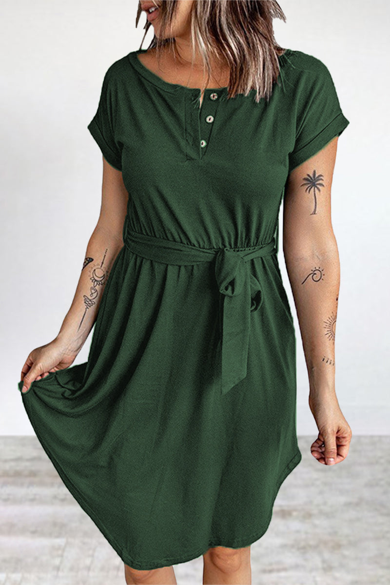 Casual Daily Solid Buttons O Neck Short Sleeve Dress Dresses