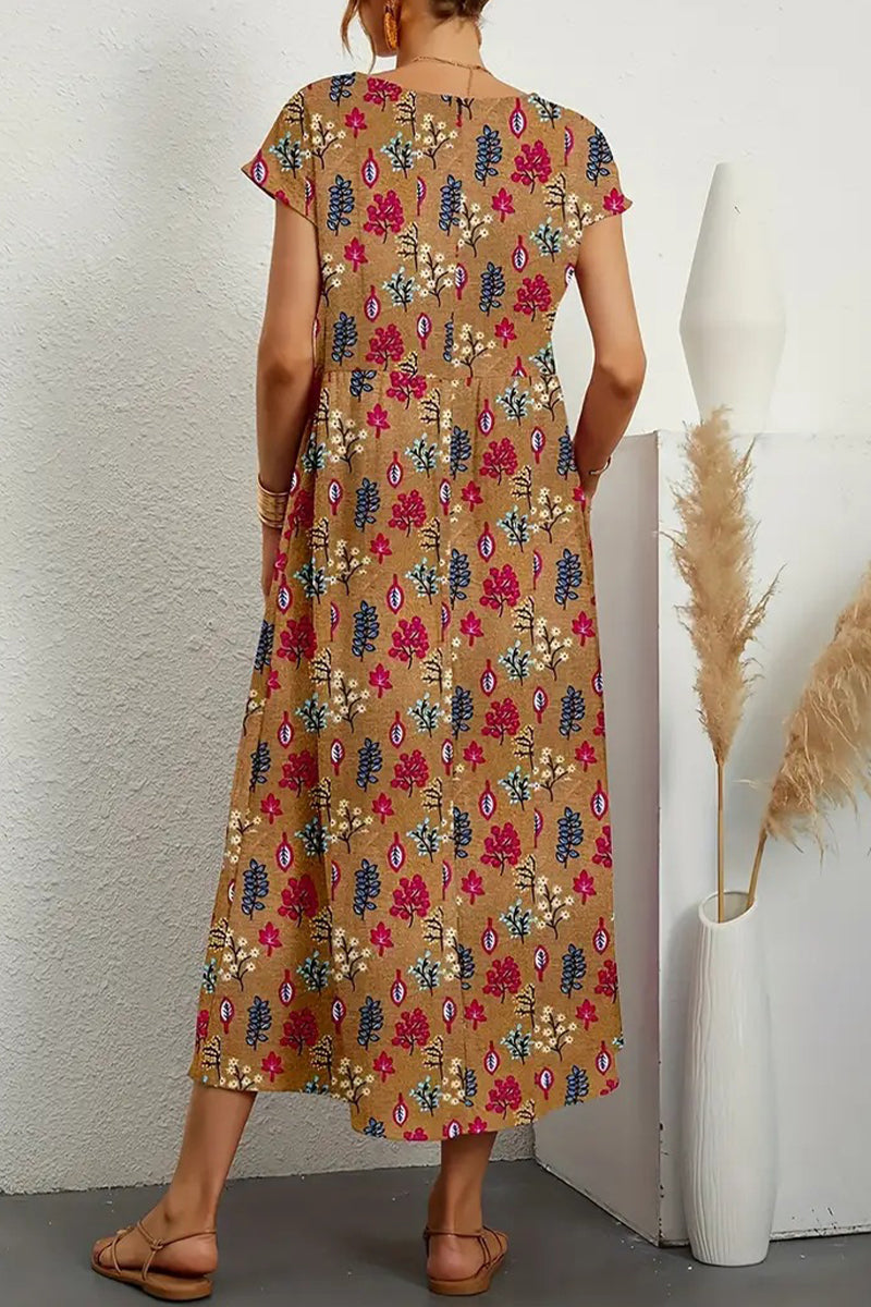 Casual Floral Pocket O Neck Printed Dress Dresses(8 Colors)