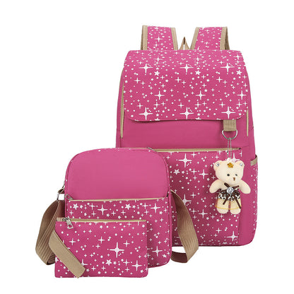3-Piece Starry Chic Backpack Set with Bear Charm for Women - Trendy School & Casual Use Bags