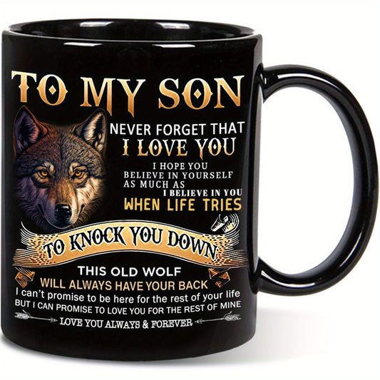 1pc To My Son Personalized Coffee Mug - 11oz Large Ceramic Cup, Black Wolf Design, Double-Sided Printing, Summer Winter Drinkware, Unique Christmas Gifts for Sons, Fathers, and Friends