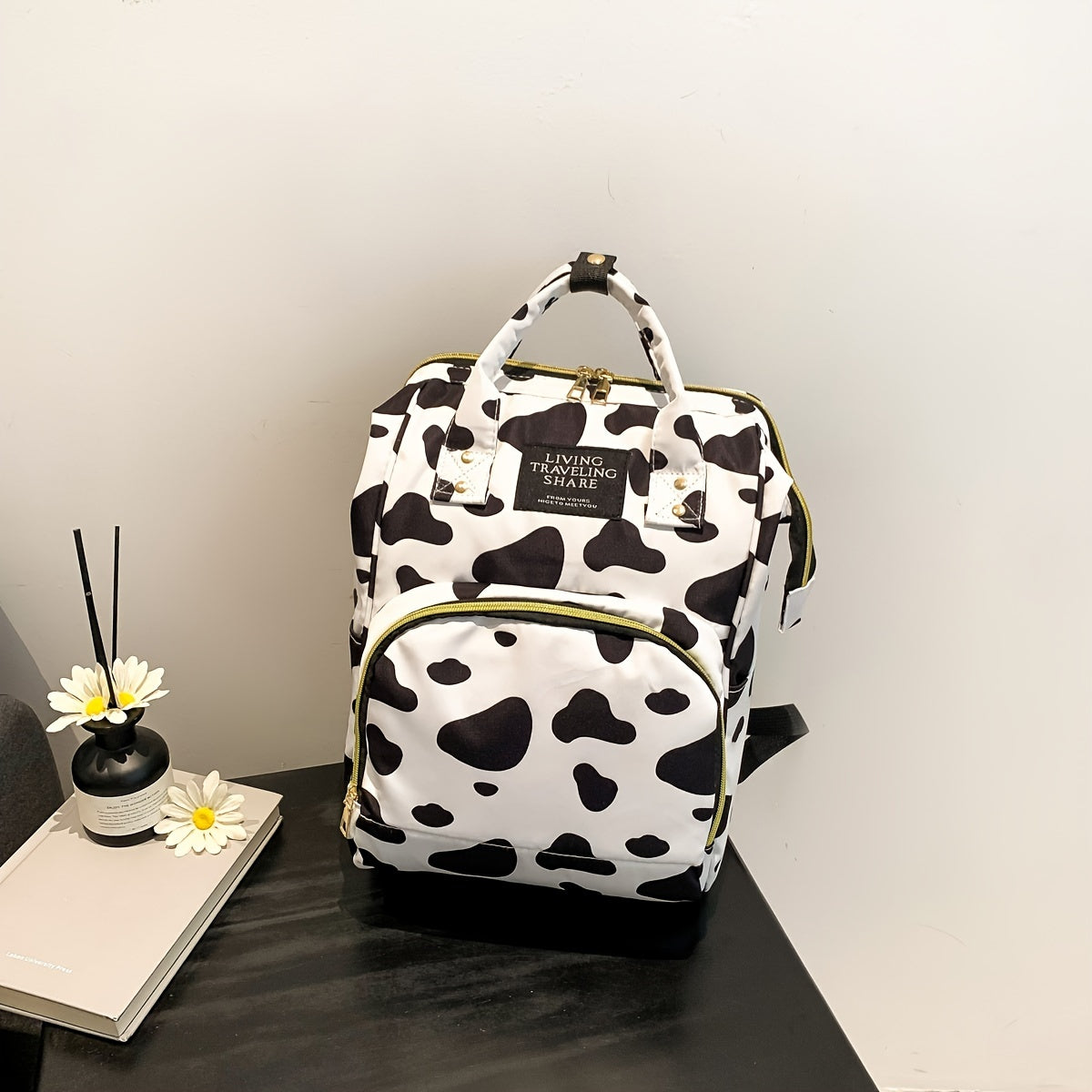 Spacious Mommy Backpack-Large Capacity & Cow Print Design-Multifunctional Outdoor Diaper Daypack for Modern Parents