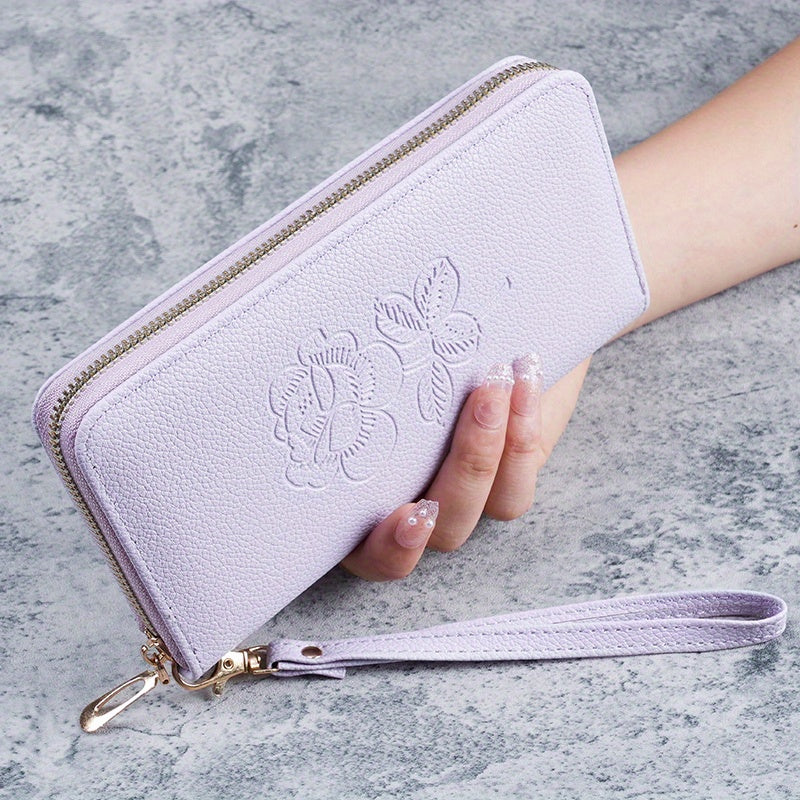 Women's Elegant Long Wallet With Floral Embossment, Korean Style  New Multi-functional Zipper Clutch Wallet