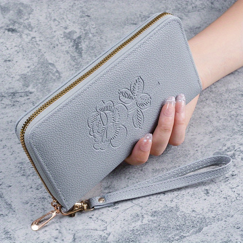 Women's Elegant Long Wallet With Floral Embossment, Korean Style  New Multi-functional Zipper Clutch Wallet