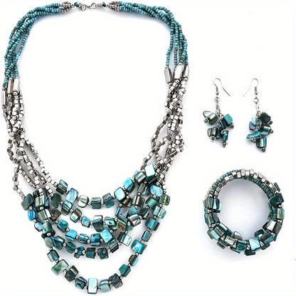 3pcs/set Exquisite Vintage Inspired Jewelry Set for Women - Ethnic Style Beaded Necklace, Earrings, and Multilayer Bracelet Set with Lacquer Finish - No Mosaic Material, No Plating, and Durable Other Main Material