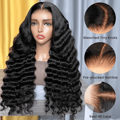 200% Ready To Wear 13x6 Deep Wave Lace Front Wigs Human Hair 13x6 HD Lace Deep Curly Glueless Frontal Wigs Human Hair Pre Plucked For Women Put on And Go Wi