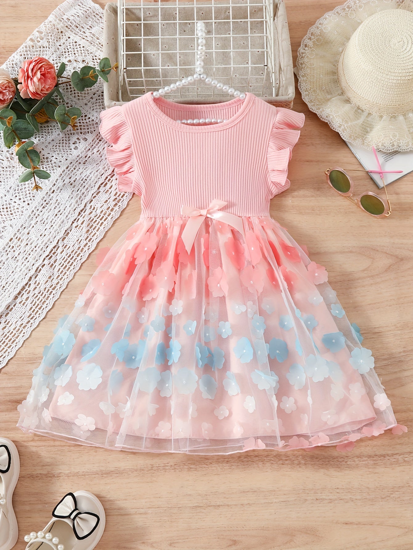 Charming Girls Flower Embellished Tutu Dress - Soft 95% Cotton, Comfy & Sweet - Perfect Casual Playtime or Ballet Princess Outfit