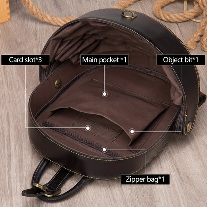 Durable Crazy Horse Leather Backpack - Timeless Round Schoolbag Design with Advanced Anti-theft Tech, Large Capacity for Outdoor Adventures - Premium Genuine Leather, Unisex Style