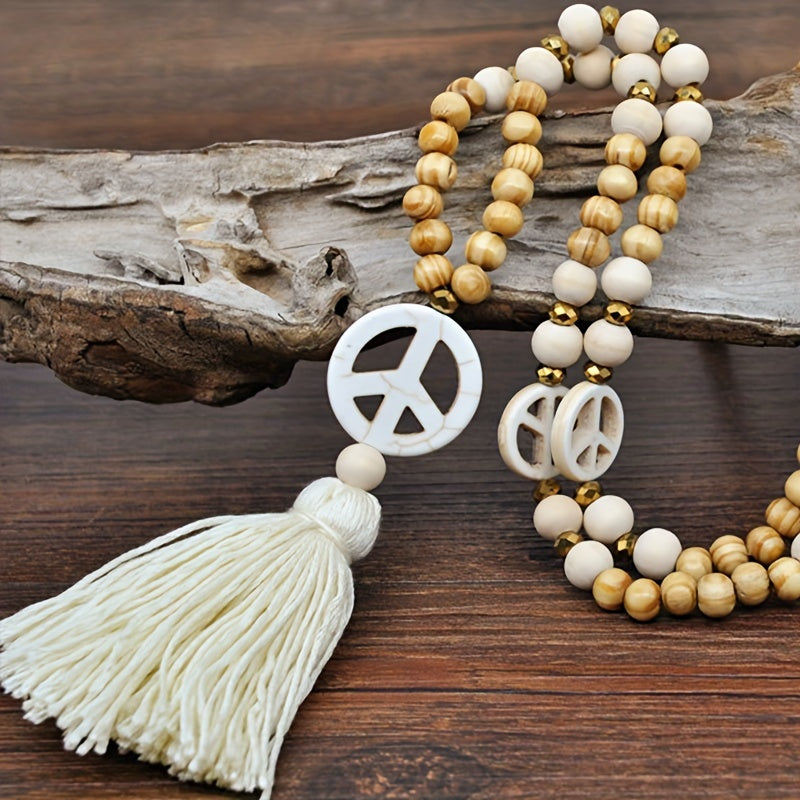 Bohemian Style Handmade Tassel Pendant Wooden Beaded Necklace With Peace Sign Pendant For Women, Vintage Long Beaded Jewelry Accessory