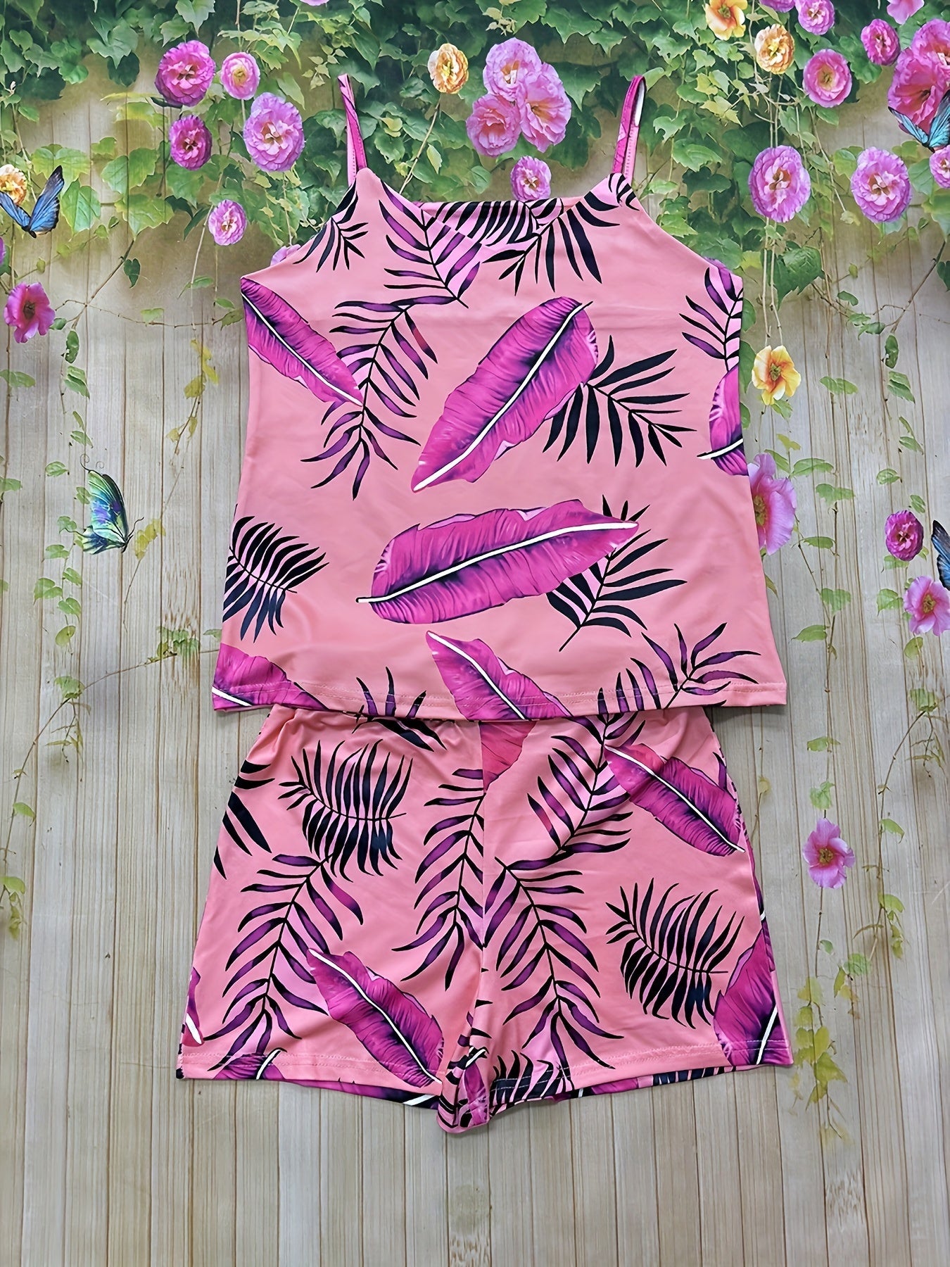 Tropical Oasis Shorts Set - Stylish V-neck Cami Top with Relaxed Fit, High Waist Shorts with Flattering Silhouette, Perfect for Summer Vacations and Outdoor Activities - Designed Exclusively for Women, Ideal for Warm Weather and Beach Getaways