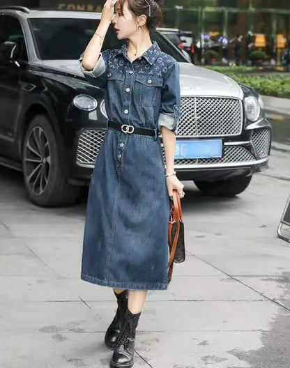 Designer mid-length Dress for Women denim office business lapel colloar skirts with belt oversized blue jeans dress