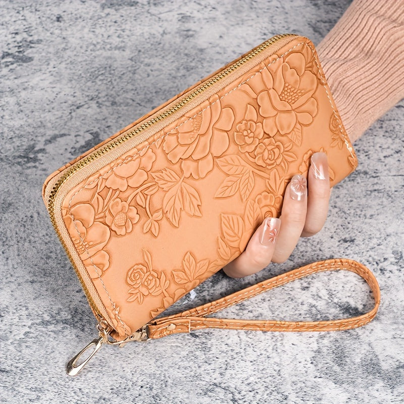 Floral Embossed Faux Leather Wallet For Women, Large Capacity Zippered Clutch With Card Slots And Phone Pocket, Wrist Strap Clutch Coin Purse