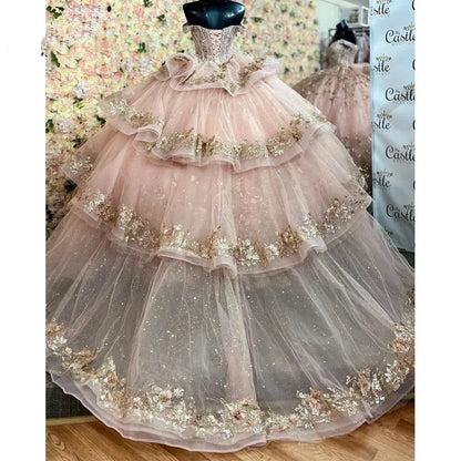 Pink Princess Quinceanera Dresses Birthday Party Robe Short Sleeve Beaded Sparkly Lace-Up Corset Puffy Skirt Vesridos De