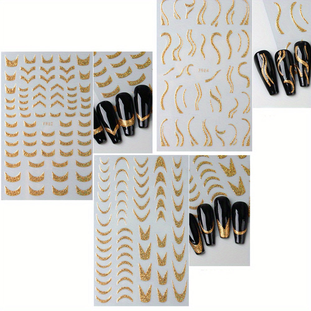 French Shining Line Nail Art Stickers 3D Glitter Wavy Stripe Nail Decals Metal Curve Stripe Lines Nail Art Supplies French Nail Tips For DIY Manicure Decoration, 3 Sheets/Pack