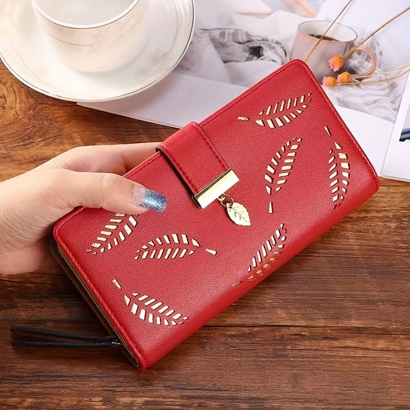 Fashionable Hollow Leaves Pattern Long Wallet, Solid Color Novelty Coin Purse, Large Capacity Card Card Holder
