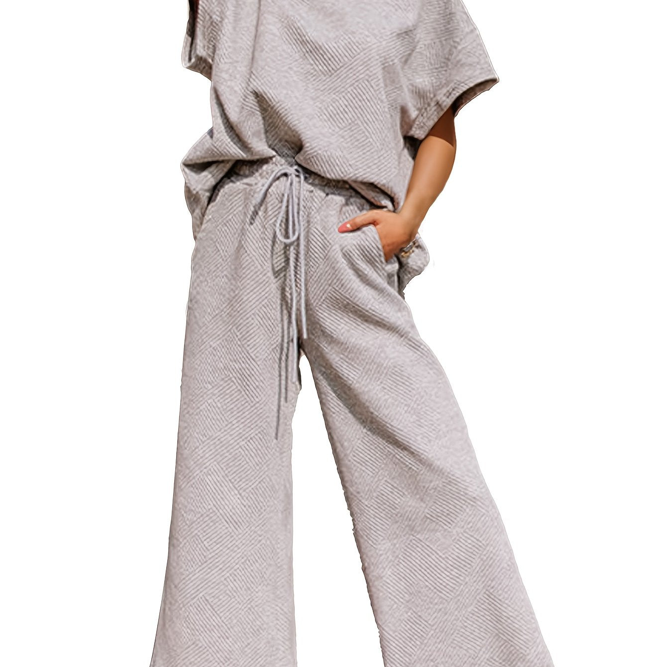 2 Piece Womens Geometric Pattern Textured Sweatsuit - Crew Neck, 3/4 Batwing Sleeve, Drawstring Wide Leg Pant, Micro Elasticity, Polyester, Hand Washable, Casual Tracksuit Set for Spring and Fall