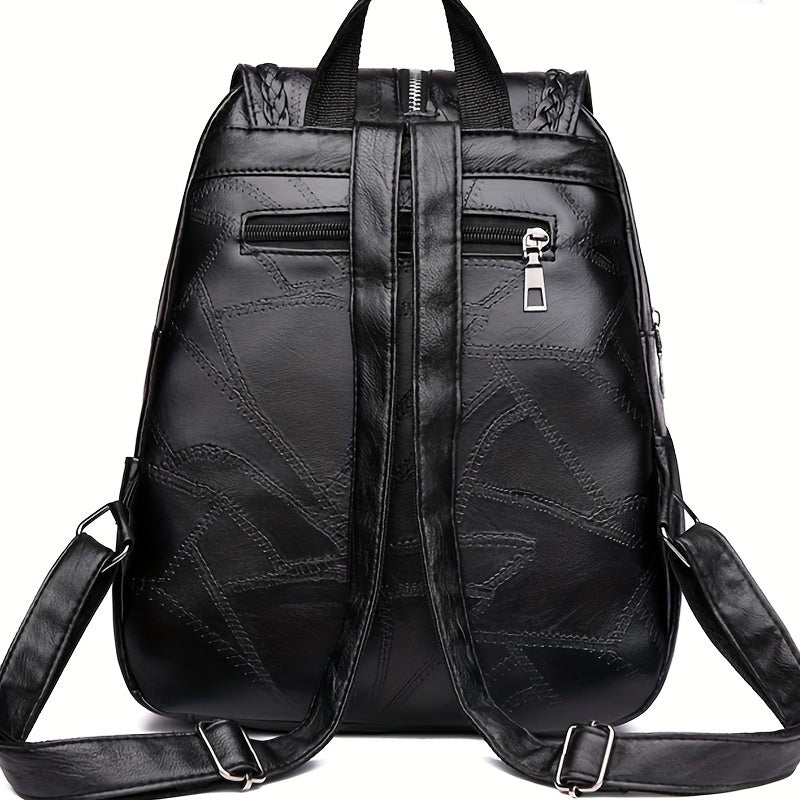 Black Soft PU Leather Lady Travel Backpack - Contrast Sequin, Lightweight, Adjustable Strap, Polyester Lining - Perfect for Going Out, Students, and Daily Use